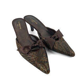 Liz Claiborne Afton Brown Brocade Fabric Pumps Sz 7.5 Slip-On Slides Kitten Heel